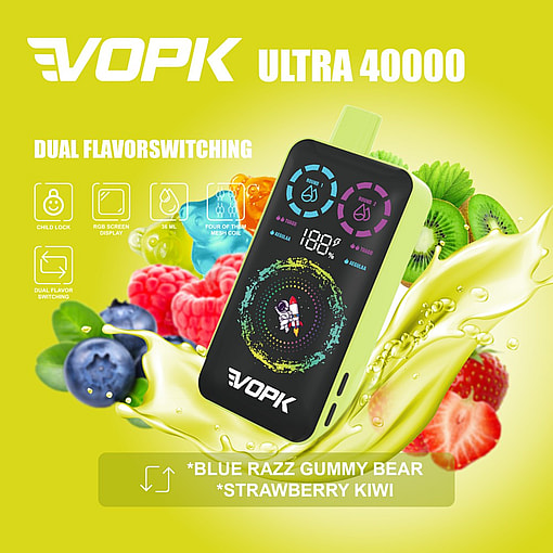 Vopk Ultra 40000 Vape Device With Colorful Dual Flavor Switching Screen, Surrounded By Images Of Blueberries, Raspberries, Kiwi, Strawberries, And Gummy Bears, Highlighting 'Blue Razz Gummy Bear' And 'Strawberry Kiwi' Flavors.
