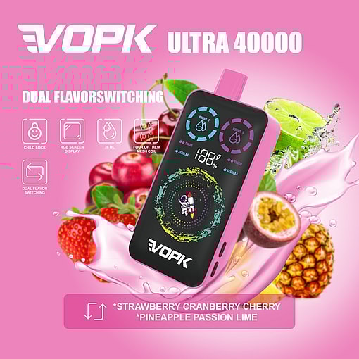 Promotional Image For The Vopk Ultra 40000 Vape Device In Pink, Featuring Icons For Child Lock, Rgb Screen Display, Dual Flavor Switching, And Fruit Visuals Representing Strawberry, Cranberry, Cherry, Pineapple, Passion Fruit, And Lime.
