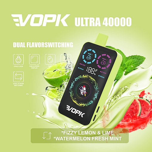 Promotional Image For The Vopk Ultra 40000 Vape Device Featuring Dual Flavor Switching, A Digital Display, And Flavor Options Of Fizzy Lemon &Amp; Lime And Watermelon Fresh Mint, Shown With Splashing Lime, Watermelon, And Mint Leaves In The Background.