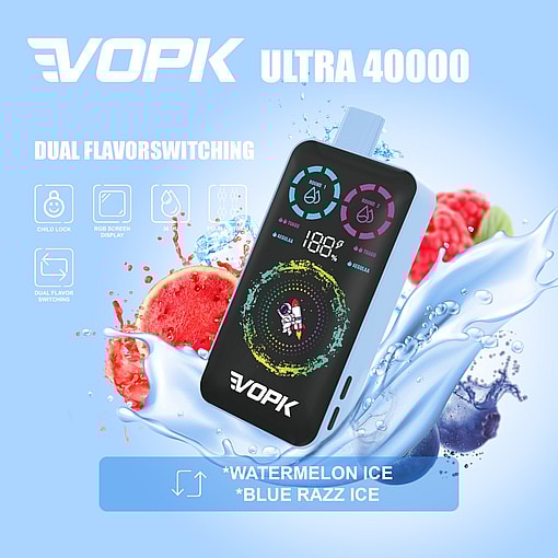 Promotional Image For The Vopk Ultra 40000 Vape Device Featuring A Digital Display, Dual Flavor Switching Between Watermelon Ice And Blue Razz Ice, And Surrounded By Water, Watermelon, And Raspberry Imagery.