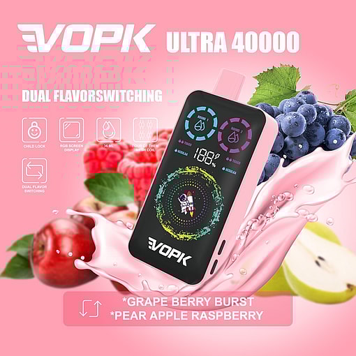 Vopk Ultra 40000 Vape Device With Digital Display, Surrounded By Grapes, Apples, Pears, And Raspberries, Highlighting Dual Flavor Options: Grape Berry Burst And Pear Apple Raspberry.