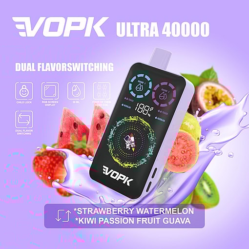 Advertisement For Vopk Ultra 40000 Electronic Vaping Device With Digital Display, Featuring Dual Flavor Options Of Strawberry Watermelon And Kiwi Passion Fruit Guava, Set Against A Colorful Background With Fruit And Water Splash Illustrations.