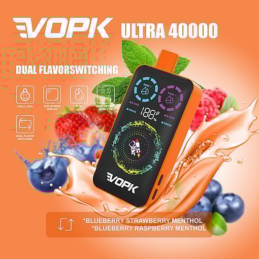 Colorful Vopk Ultra 40000 Dual Flavor Vape Device With Bright Display, Child Lock Icons, Fruit And Menthol Splash Background, And Blueberry, Raspberry, And Strawberry Imagery.