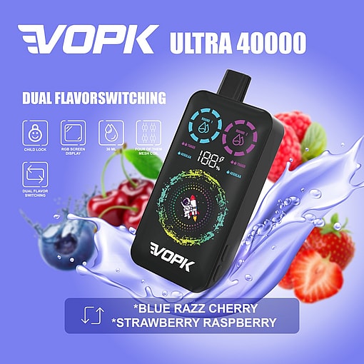 Promotional Image For Vopk Ultra 40000 Vape Device Featuring Dual Flavor Options Of Blue Razz Cherry And Strawberry Raspberry, With Visuals Of The Device, Berries, And Splashing Liquid, Along With Feature Icons For Child Lock, Rgb Screen, 36Ml Capacity, Mesh Coils, And Dual Flavor Switching.