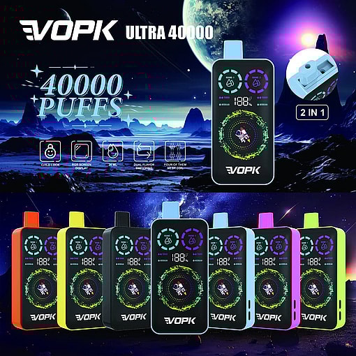 Colorful Vopk Ultra 40000 Disposable Vape Devices Displayed Against A Futuristic Space Background, Highlighting Features Such As 40000 Puffs, Rgb Screen Display, Dual Flavor Switching, And A Child Lock.