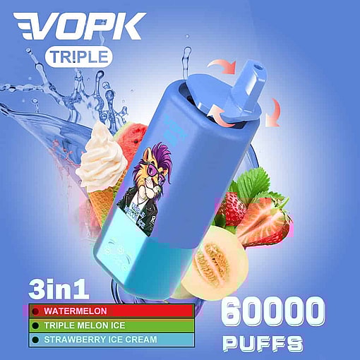 Werbebild für das Vopk Triple Vape-Gerät mit einem blau-türkisfarbenen Gehäuse, das einen Cartoon-Löwen mit Sonnenbrille zeigt, umgeben von Wasserspritzern, Erdbeeren, Melone, Wassermelone und einer Eistüte, mit 3-in-1-Aromen und 60.000 Zügen.