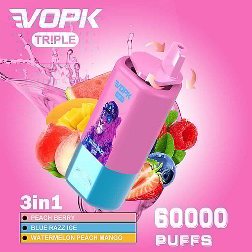 Farbenfrohes Vopk-Dreifach-Vape-Gerät mit rosa-blauem Design, das einen Löwen mit Sonnenbrille zeigt, umgeben von spritzenden Früchten wie Wassermelone, Pfirsich, Mango, Himbeere und Blaubeere auf rosa Hintergrund, mit 3-in-1-Geschmacksoptionen und 60.000 Zügen.
