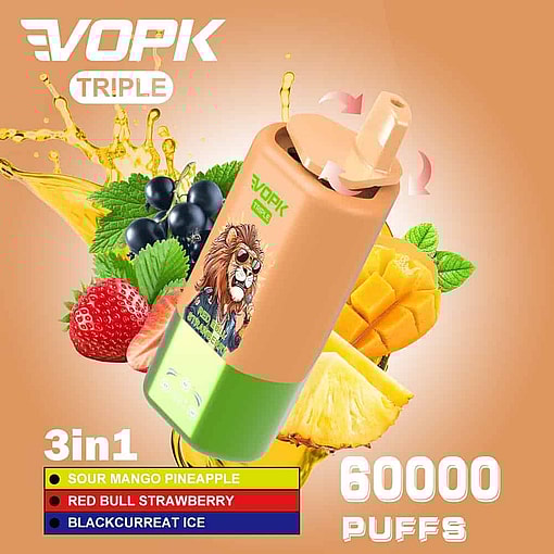 Vopk Triple Vape-Gerät mit einem Cartoon-Löwen mit Sonnenbrille, umgeben von illustrierten Fruchtaromen, darunter Mango, Ananas, Erdbeere, schwarze Johannisbeere und Highlights von 3-in-1-Geschmacksoptionen und 60.000 Zügen.