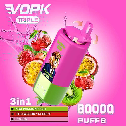 Farbenfrohes Vape-Gerät mit einem Löwen in Fliegerkleidung, umgeben von Kiwi-, Passionsfrucht-, Erdbeer- und Kirschillustrationen auf rosa Hintergrund, mit Hervorhebung von 3 Geschmacksrichtungen und dem Text „60000 Züge“.