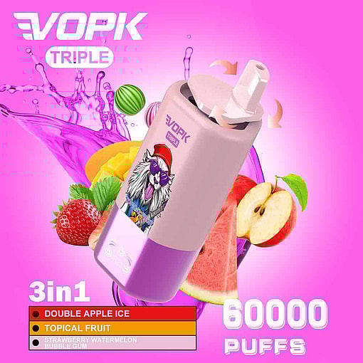 Bunte Werbung für ein Vopk Triple Vape-Gerät mit einer Cartoon-Katzenillustration und Bildern von Früchten wie Apfel, Erdbeere, Wassermelone und Mango, wobei drei Geschmacksrichtungen und 60.000 Züge auf einem rosa Hintergrund hervorgehoben werden.