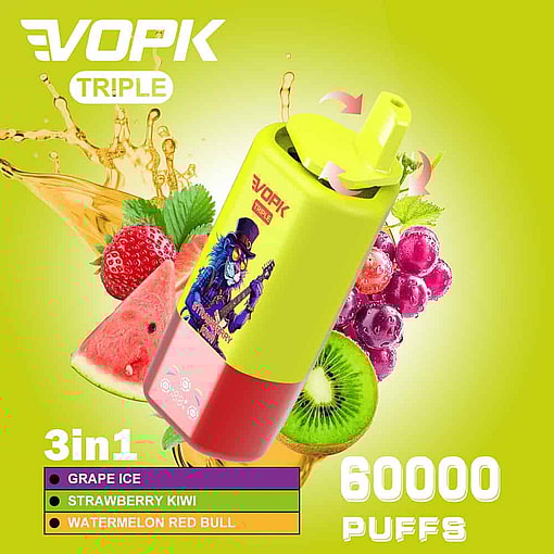 Farbenfrohes Vopk-Dreifach-Vape-Gerät mit einer Zeichentrickfigur, umgeben von Früchten, die die Geschmacksrichtungen Traubeneis, Erdbeer-Kiwi und Wassermelonen-Red Bull darstellen, mit Text, der die 3-in-1-Geschmacksrichtungen und 60.000 Züge hervorhebt.