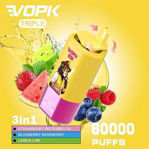 Farbenfrohes Vopk-Dreifach-Einweg-Vape-Gerät mit rotierendem Mundstück, umgeben von Erdbeeren, Wassermelonen, Blaubeeren, Himbeeren, Limetten und Saftspritzern, mit 3-in-1-Aromen und 60.000 Zügen auf gelbem Hintergrund.