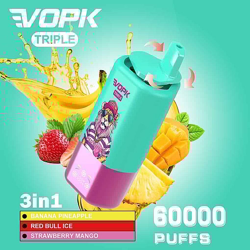 Farbenfrohes Vopk-Dreifach-Vape-Gerät mit Cartoon-Löwengrafik, umgeben von Bildern von Bananen, Ananas, Erdbeeren und Mango, das mit drei Geschmacksrichtungen und einer Kapazität von 60.000 Zügen wirbt.