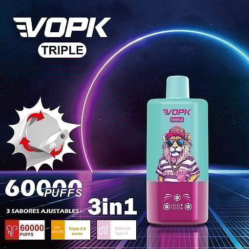 Werbebild für einen Vopk Triple 60000 Vape mit 60.000 Zügen, drei einstellbaren Geschmacksrichtungen und einem Cartoon-Löwen mit Sonnenbrille und Kappe auf dem Gerät vor einem neonfarbenen Sci-Fi-Hintergrund.