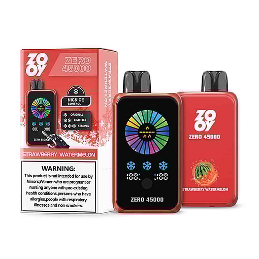 Red Zooy Zero 45000 Disposable Vape Device And Packaging With Strawberry Watermelon Flavor, Featuring A Colorful Control Display, Flavor Label, And Product Warning For Restricted Use.