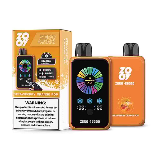 Zooy Zero 45000 Strawberry Orange Pop Disposable Vape Device And Its Orange Packaging, Featuring A Colorful Circular Display, Ice Level Indicators, And Health Warning Label.