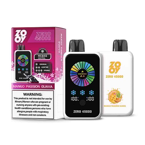 Zooy Zero 45000 Disposable Vape Device And Packaging In Mango Passion Guava Flavor, With Colorful Indicator Display And Product Warnings Visible On The Box.