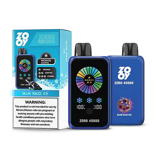 Zooy Zero 45000 Blue Razz Ice Disposable Vape Devices With Packaging, Featuring A Blue Design, Colorful Circular Display, Product Branding, And A Prominent Health Warning Label.