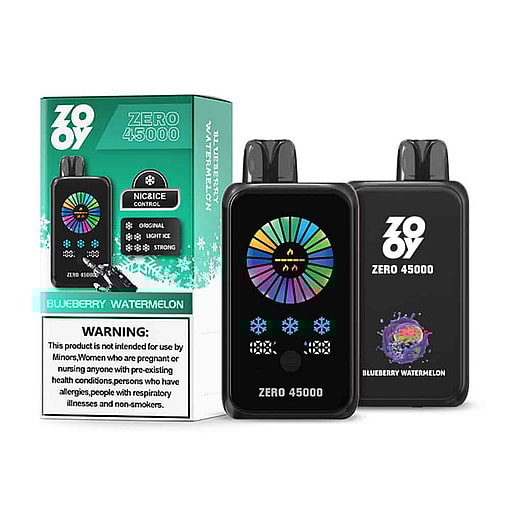 Zooy Zero 45000 Disposable Vape Devices In Blueberry Watermelon Flavor, Featuring A Colorful Display And Nicotine And Ice Control Settings On Sleek Black Units With Product Packaging Showing Warning And Flavor Details.