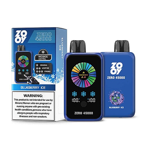 Two Zoyy Zero 45000 Disposable Vape Devices In Blueberry Ice Flavor, Shown With Product Packaging Featuring A Colorful Display, Flavor Name, And Health Warning Label.