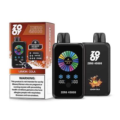 Zooy Zero 45000 Disposable Vape Device And Packaging Featuring The Lemon Cola Flavor, With A Colorful Digital Display And Prominent Health Warning.