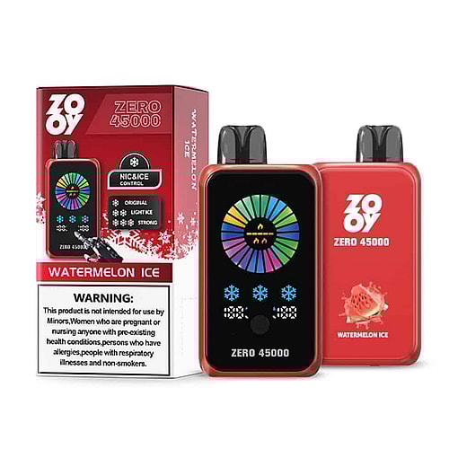 Zooy Zero 45000 Disposable Vape Devices And Packaging In Red, Featuring A Colorful Display, Nicotine And Ice Control Options, A Watermelon Ice Flavor Label, And A Health Warning About Usage Restrictions.