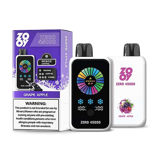Zooy Zero 45000 Grape Apple Disposable Vape Devices And Packaging, Featuring A Digital Colorful Display On The Device, Flavor Label, And A Nicotine Health Warning On The Box.