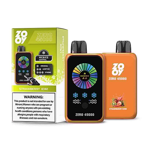 Zooy Zero 45000 Strawberry Kiwi Disposable Vape Device And Its Packaging, Featuring A Colorful Led Display And Product Warnings.
