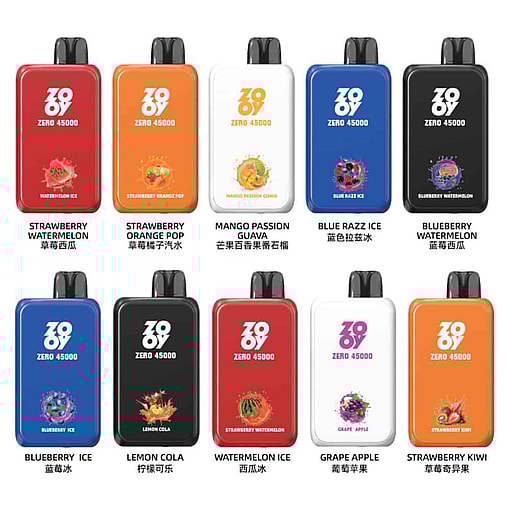 Ten Colorful 369 Zero 45000 Vape Devices Displayed In Two Rows, Each Featuring A Unique Flavor And Corresponding Fruit Illustration With English And Chinese Text, Including Flavors Like Strawberry Watermelon, Mango Passion Guava, Lemon Cola, And Blueberry Ice.