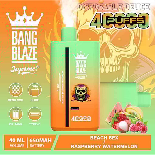 Bang Blaze 使い捨て Vape デバイスは、王冠のロゴが付いており、蒸気を放出し、ラズベリー スイカなどのビーチをテーマにしたフレーバーを特徴としています。製品の特徴としては、メッシュ コイル、650 mAh バッテリー、イラスト付きの頭蓋骨の背景、フルーツの画像などがあります。