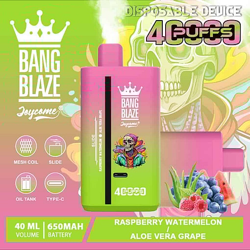 Bang Blaze Joycome 使い捨て Vape デバイスのプロモーション画像。ピンクとグリーンのデザインに頭蓋骨のグラフィックが描かれ、ラズベリー スイカとアロエ ベラ グレープのフレーバーのラベルが付いており、フルーツのイラストと製品仕様が周囲に表示されています。