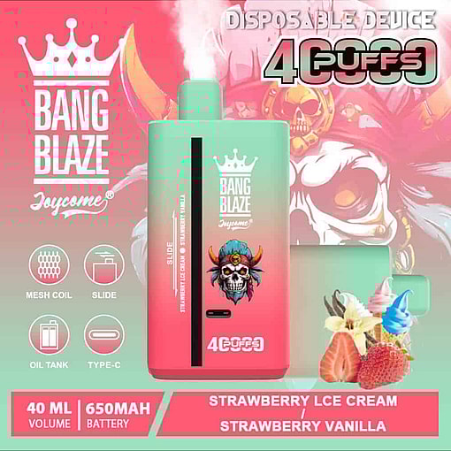 ストロベリーとバニラアイスクリームのフレーバーを特徴とする、A Bang Blaze Joycome 使い捨て Vape のカラフルな広告。Vape デバイスの画像、頭蓋骨のグラフィック、イチゴ、バニラの花、アイスクリームの渦巻きが描かれ、4000 パフ、40 ml 容量、650 mAh バッテリーが強調されています。