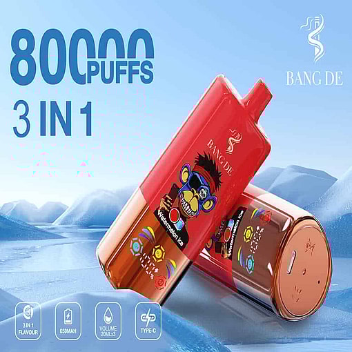 Two Bang De 3-In-1 Disposable Vape Devices Featuring A Cartoon Monkey Face And Labeled 'Watermelon Ice,' Set Against A Blue Icy Background With Promotional Text Highlighting 8000 Puffs, 650Mah Battery, 60Ml Total Liquid, And Type-C Charging.