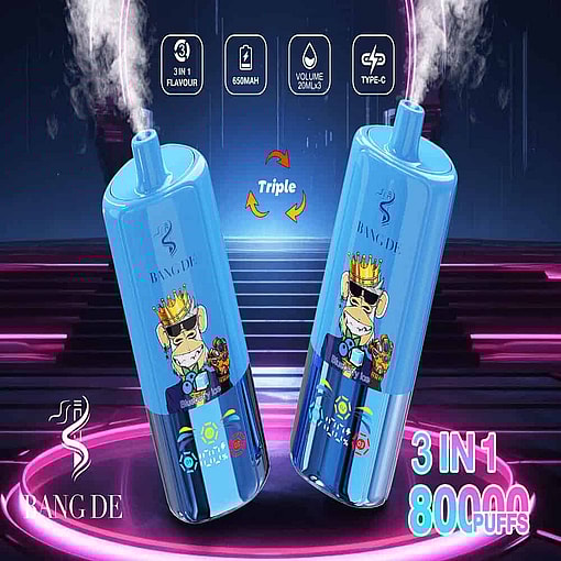 Two Bang De Disposable Vapes With Cartoon Ape Illustrations And Crowns, Emitting Vapor, Featuring Text Highlighting 3-In-1 Flavor Options, 8000 Puffs, And Technical Specs Against A Futuristic Neon-Lit Background.