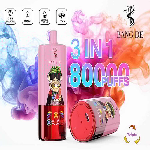 Promotional Image Of A Bang De 3-In-1 Disposable Vape Device Featuring A Cartoon Monkey With Green Hair And Sunglasses, Labeled With 80,000 Puffs, 650 Mah Battery, 20 Ml X 3 Capacity, Type-C Charging, And Colorful Smoke In The Background.