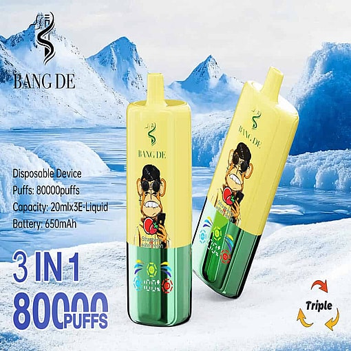 Two Bang De Disposable Vape Devices With A Cartoon Ape Logo, Labeled 'Strawberry Watermelon,' Displayed In A Snowy Mountain Landscape With Product Specifications And Highlights Such As 80,000 Puffs And Triple Function.