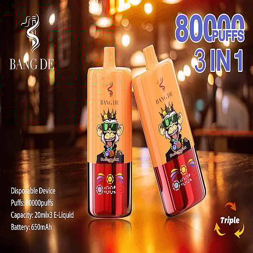 Two Bang De Disposable Vape Devices With Cartoon Ape Designs And Vibrant Colors, Placed On A Reflective Surface With Product Information Including 80,000 Puffs, 3-In-1 Feature, 20Ml E-Liquid Capacity, And 650Mah Battery Highlighted In A Lounge-Like Setting.