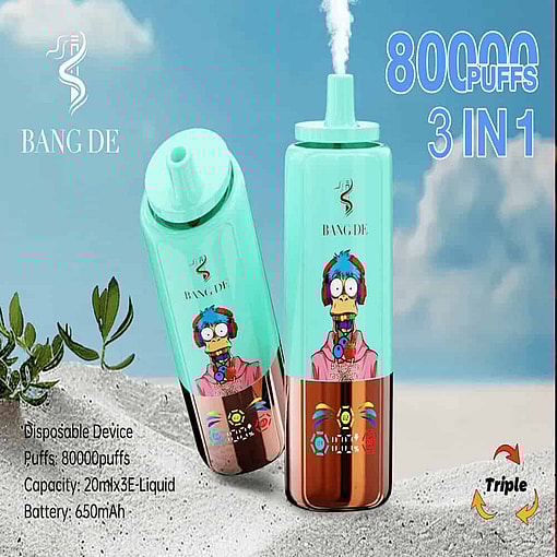 Two Colorful Bang De Disposable Vape Devices With A Cartoon Bird Wearing Headphones And Details Showing 80,000 Puffs Capacity, 20Mlx3 E-Liquid, And 650Mah Battery, Set Against A Sandy Landscape And Blue Sky.