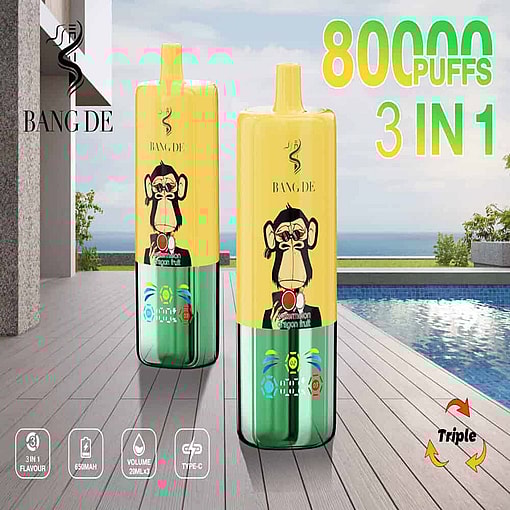 Two Yellow And Green Bang De Disposable Vape Devices With A Cartoon Monkey Design, Set On A Poolside Deck, Featuring Highlights Such As 8000 Puffs, 3-In-1 Flavor, And Triple Rotation Function.