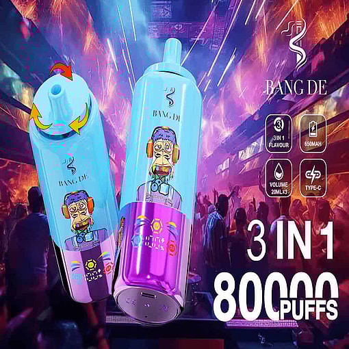 Two Colorful Bang De 3-In-1 Disposable Vape Devices With Cartoon Graphics, Displayed Over A Vibrant Nightclub Background With Product Features Such As 80,000 Puffs, 650Mah Battery, And Type-C Charging Highlighted.
