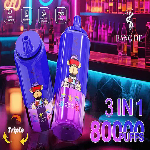 Advertisement For Bang De 3-In-1 Vape Device Featuring A Cartoon Monkey With Red Visor, Bold Text Highlighting 80,000 Puffs And Triple Flavor, Against A Neon-Lit Bar Backdrop.