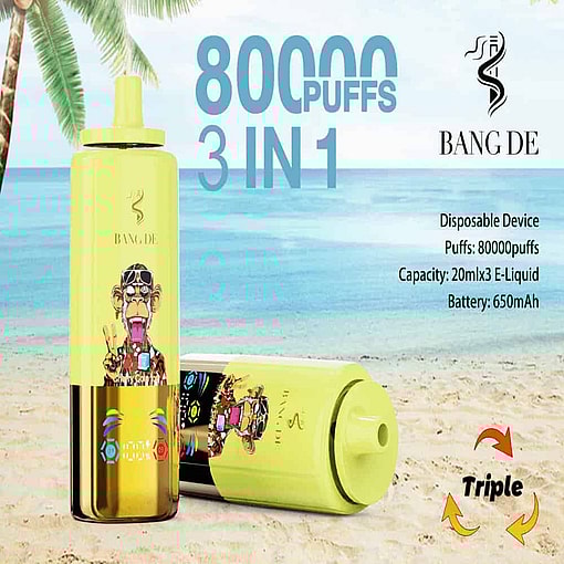 Two Yellow Bang De 80,000 Disposable Vape Devices With A Cartoon Ape Graphic On A Sandy Beach With Ocean And Palm Trees, Promoting 80,000 Puffs, 3-In-1 Functionality, And Product Specifications.