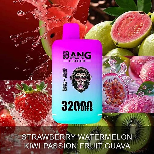 Colorful Disposable Vape Device With The Label 'Bang Leader 32000 Puffs,' Surrounded By Splashing Images Of Strawberry, Watermelon, Kiwi, Passion Fruit, And Guava.