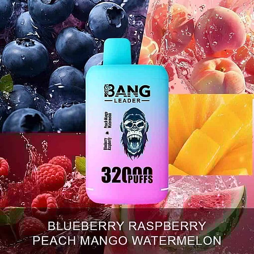Disposable Vape Device Labeled 'Bang Leader 32000 Puffs' Surrounded By Images Of Blueberries, Raspberries, Peaches, Mangoes, And Watermelon, With Text Listing These Fruit Flavors.