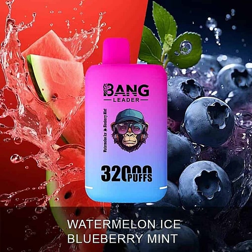 A Disposable Vape Device Labeled Bang Leader 32,000 Puffs In Pink And Blue Gradient With Watermelon Slices Splashing In Water On The Left And Fresh Blueberries Surrounded By Mint Leaves On The Right, Promoting Watermelon Ice Blueberry Mint Flavor.