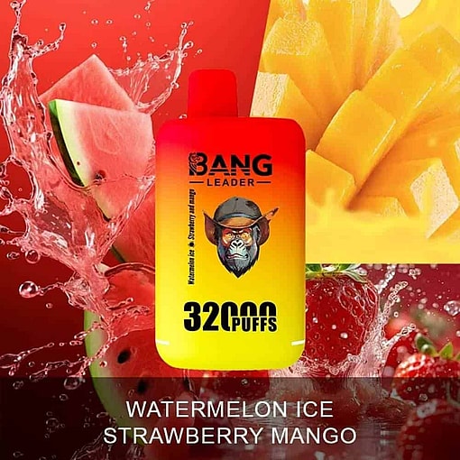 Colorful Disposable Vape Device Labeled 'Bang Leader 32000 Puffs' With Watermelon Slices, Mango Chunks, And Strawberries In The Background, Representing Watermelon Ice, Strawberry, And Mango Flavors.