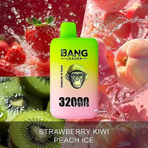 Colorful Vape Device Labeled 'Bang Leader 32000 Puffs' With Strawberry, Kiwi, And Peach Fruits And Splashing Water Drops In The Background, Promoting The 'Strawberry Kiwi Peach Ice' Flavor.