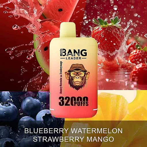 Colorful Vape Device Labeled Bang Leader With 32000 Puffs In Front Of Vibrant Images Of Blueberries, Watermelon, Strawberries, And Mango, Highlighting Fruity Flavors.