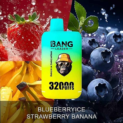 Disposable Vape Device Labeled Bang Leader With 32,000 Puffs, Displayed Against A Colorful Background Of Blueberries, Strawberries, And Bananas With Water Splashes, Highlighting Blueberry Ice And Strawberry Banana Flavors.
