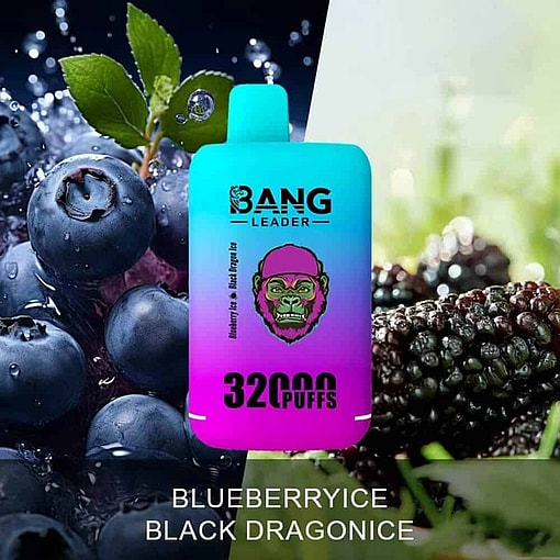 Colorful Vape Device With 'Bang Leader' Branding And '32,000 Puffs' Label, Shown Against A Backdrop Of Fresh Blueberries And Blackberries With Water Droplets, Highlighting Blueberry And Black Dragon Fruit Flavors.